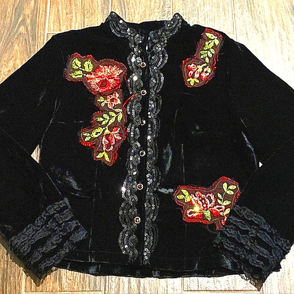 VintageAlberto Makali VelvrtEmbroideredLace Sequins Jewl Buttons Cardigan XL